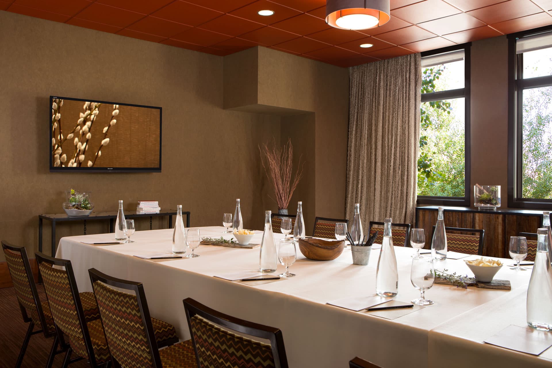 An event venue with a long table setup for a function
