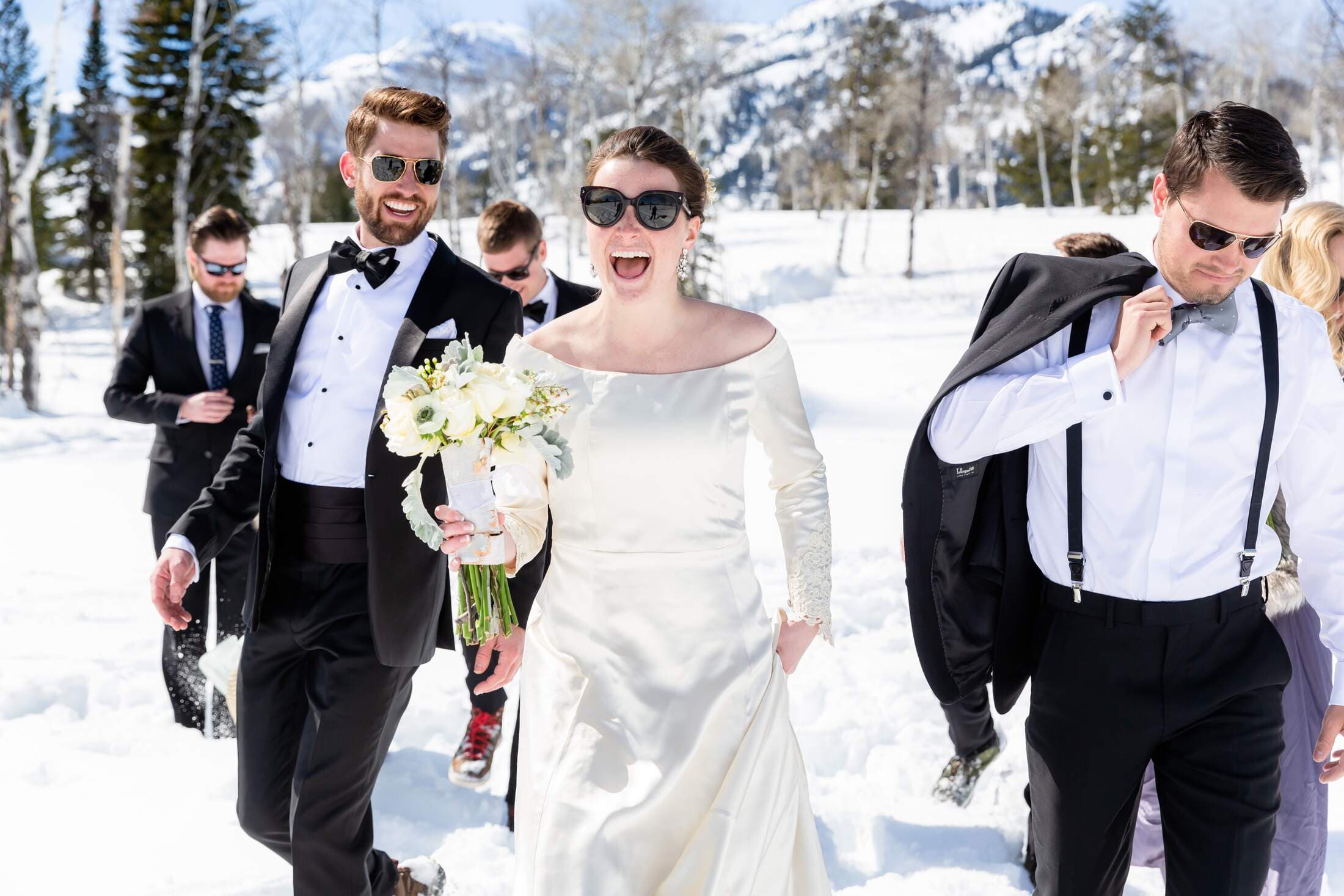 A very happy Bridal Party In Front Of The Tetons