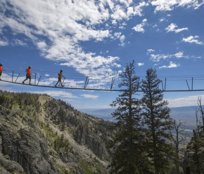 A group hiking through the mountains in Jackson Hole on a rope bridge