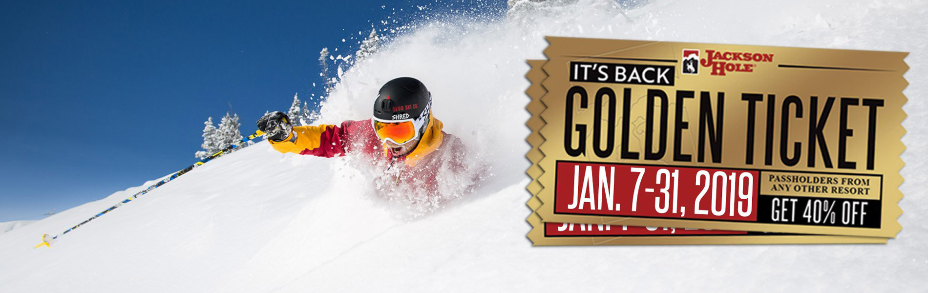 Skier in the snow with the Golden Ticket logo.